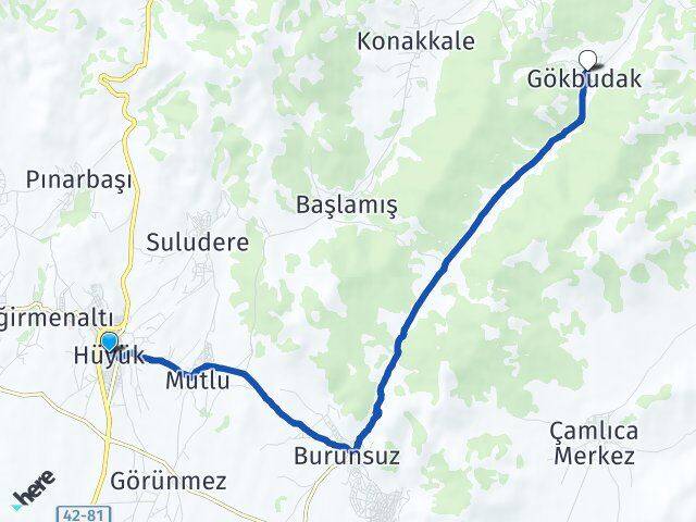 Konya Hüyük Gökbudak Ilgın Arası Kaç Km - Yol Haritası