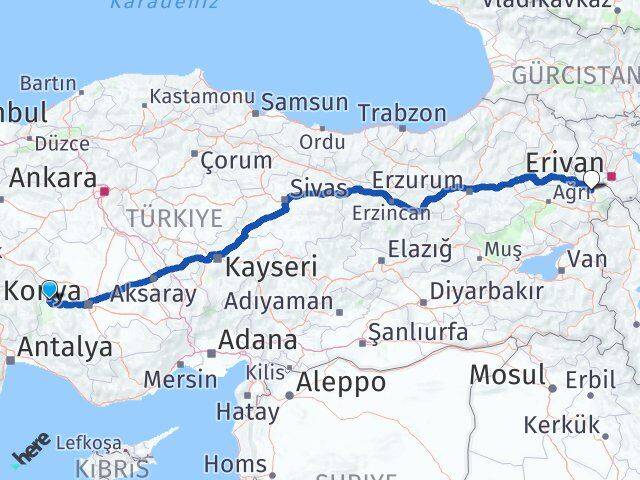 Konya Hüyük Iğdır Arası Kaç Km - Yol Haritası