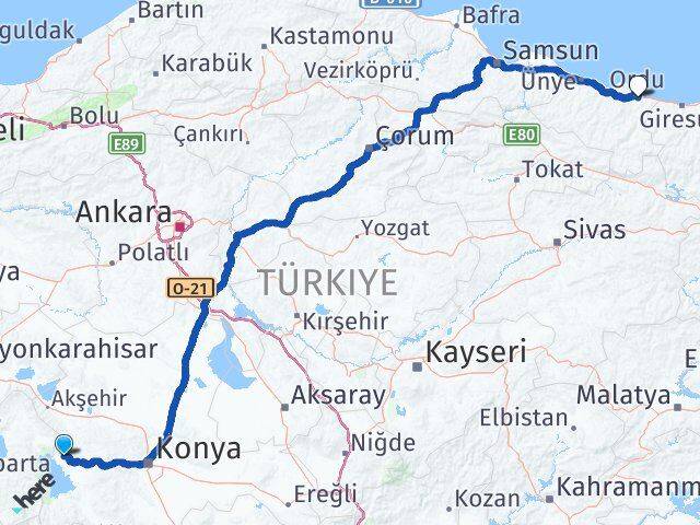 Konya Hüyük Ordu Arası Kaç Km - Yol Haritası