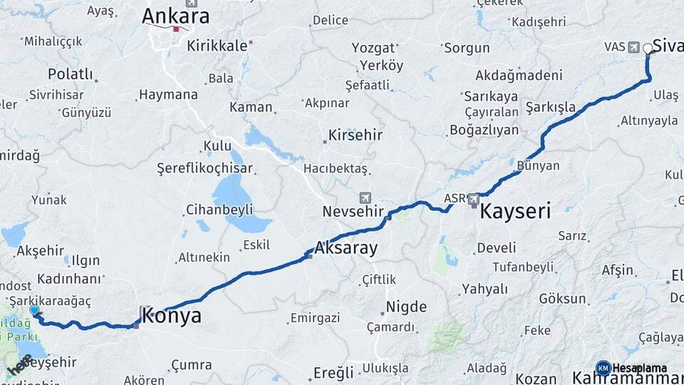 Konya Hüyük Sivas Arası Kaç Km - Yol Haritası