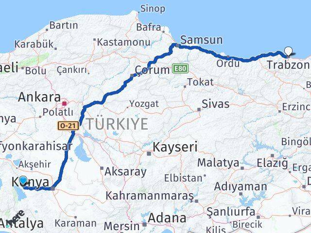 Konya Hüyük Trabzon Arası Kaç Km - Yol Haritası