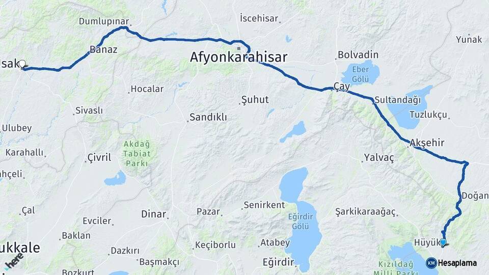 Konya Hüyük Uşak Arası Kaç Km - Yol Haritası