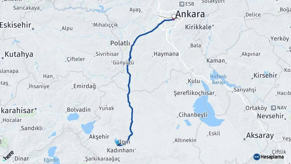 Konya Ilgın Ankara Arası Kaç Km - Yol Haritası