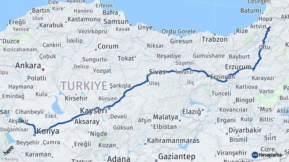 Konya Ilgın Artvin Arası Kaç Km - Yol Haritası