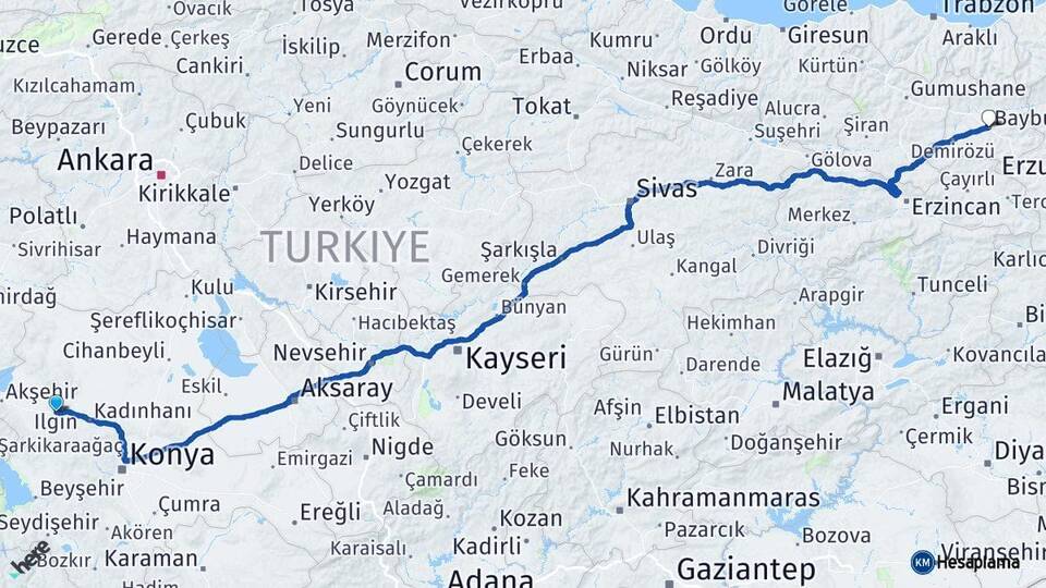 Konya Ilgın Bayburt Arası Kaç Km - Yol Haritası