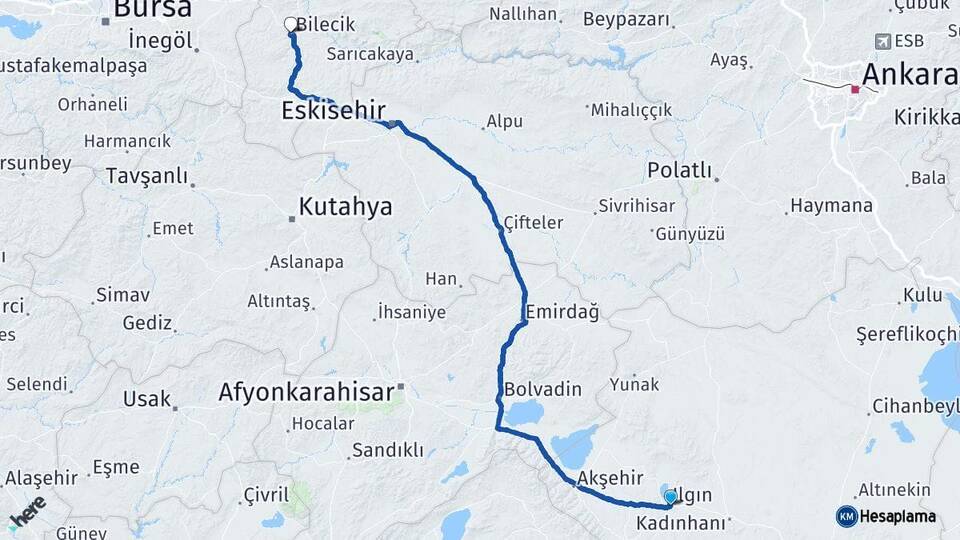 Konya Ilgın Bilecik Arası Kaç Km - Yol Haritası