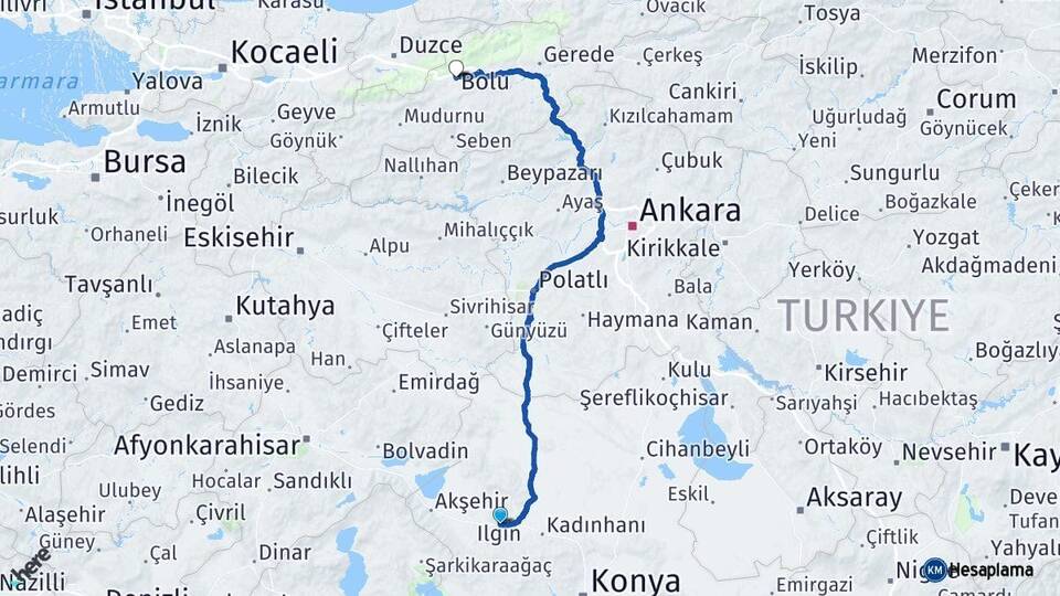 Konya Ilgın Bolu Arası Kaç Km - Yol Haritası