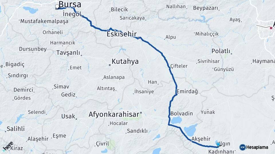 Konya Ilgın Bursa Arası Kaç Km - Yol Haritası