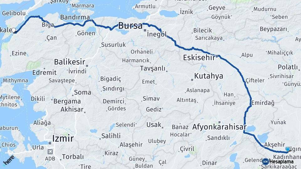 Konya Ilgın Çanakkale Arası Kaç Km - Yol Haritası