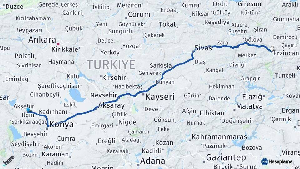 Konya Ilgın Erzincan Arası Kaç Km - Yol Haritası