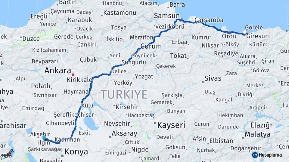 Konya Ilgın Giresun Arası Kaç Km - Yol Haritası