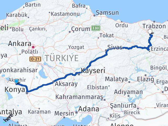 Konya Ilgın Gümüşhane Arası Kaç Km - Yol Haritası