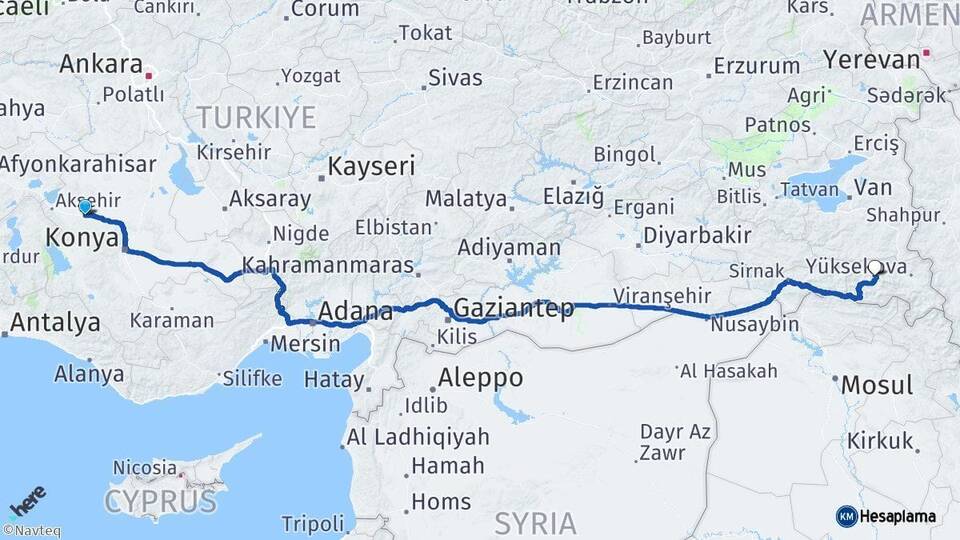 Konya Ilgın Hakkari Arası Kaç Km - Yol Haritası