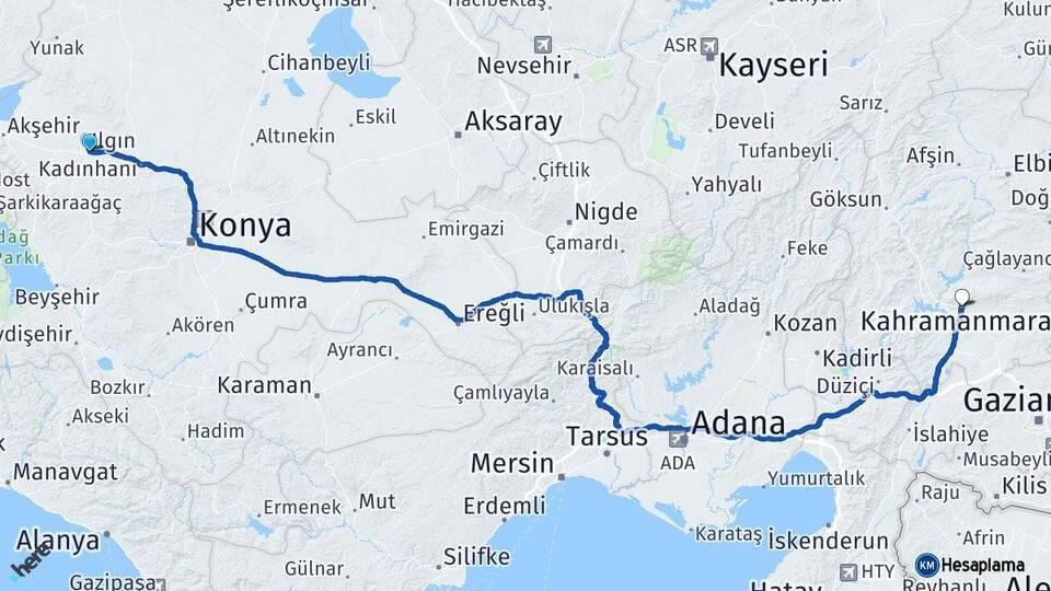 Konya Ilgın Kahramanmaraş Arası Kaç Km - Yol Haritası