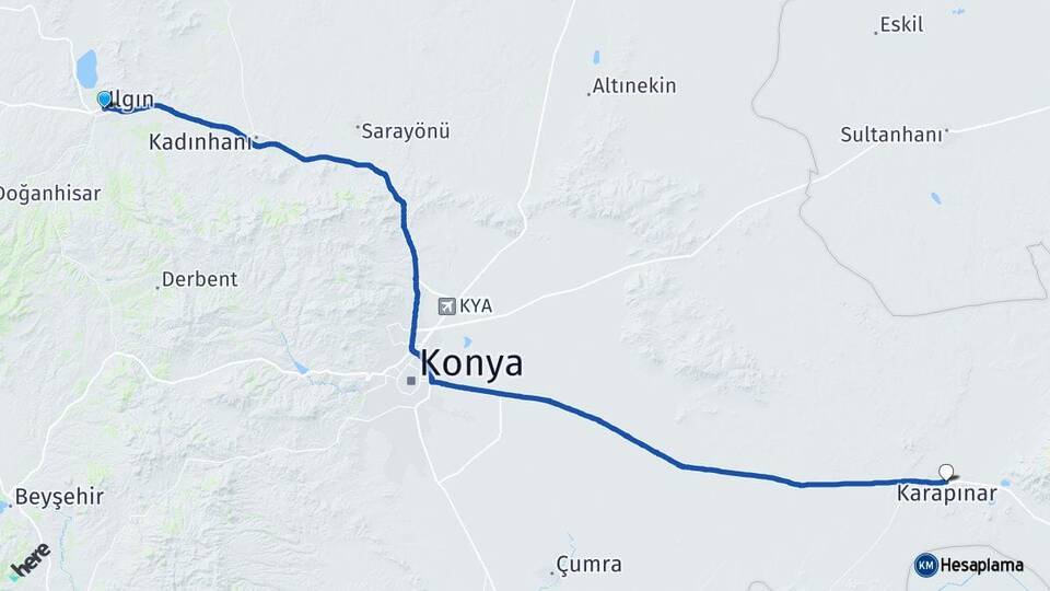 Konya Ilgın Karapınar Arası Kaç Km - Yol Haritası