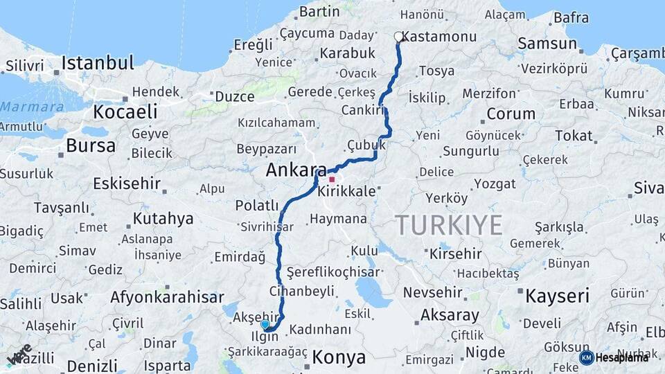 Konya Ilgın Kastamonu Arası Kaç Km - Yol Haritası