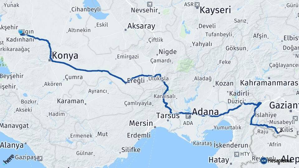 Konya Ilgın Kilis Arası Kaç Km - Yol Haritası