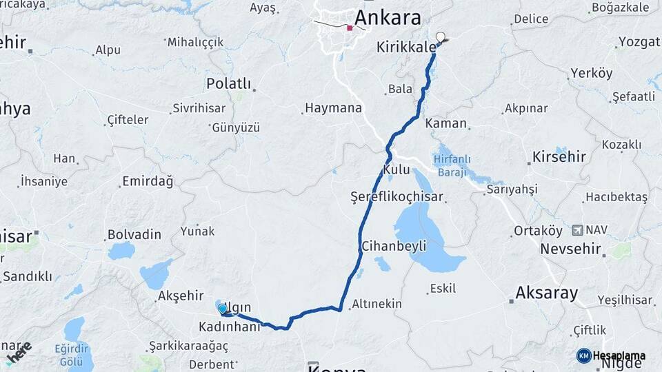 Konya Ilgın Kırıkkale Arası Kaç Km - Yol Haritası