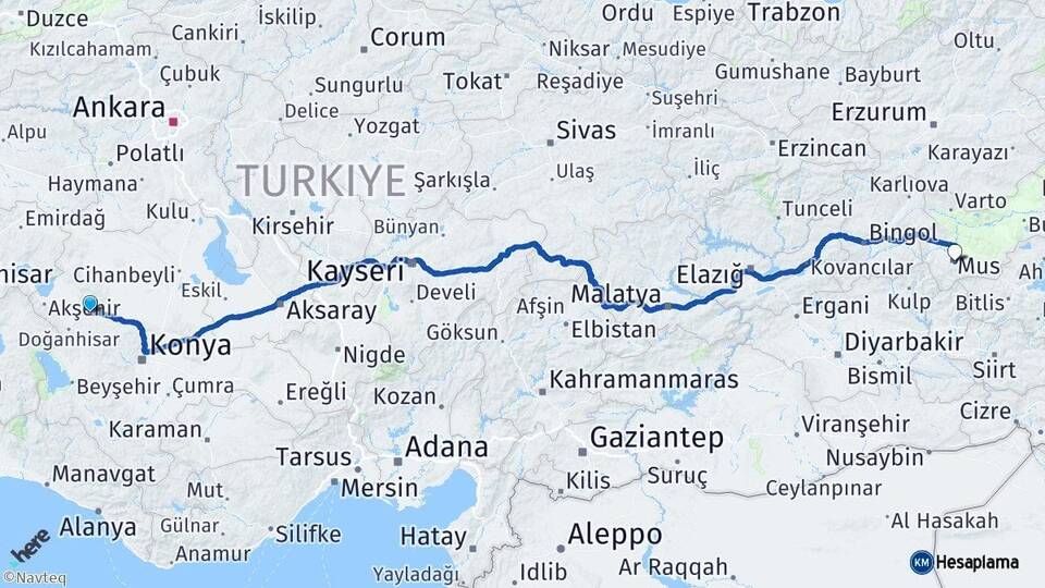 Konya Ilgın Muş Arası Kaç Km - Yol Haritası