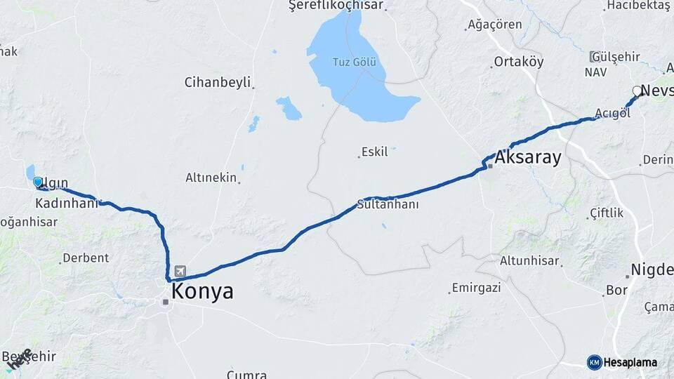 Konya Ilgın Nevşehir Arası Kaç Km - Yol Haritası