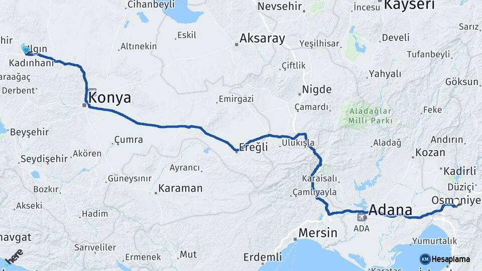 Konya Ilgın Osmaniye Arası Kaç Km - Yol Haritası