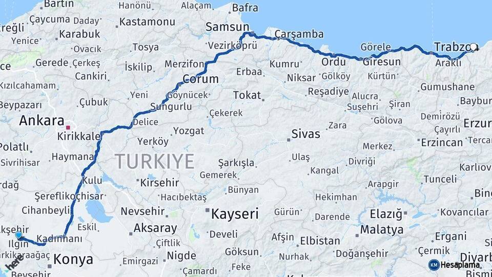 Konya Ilgın Rize Arası Kaç Km - Yol Haritası