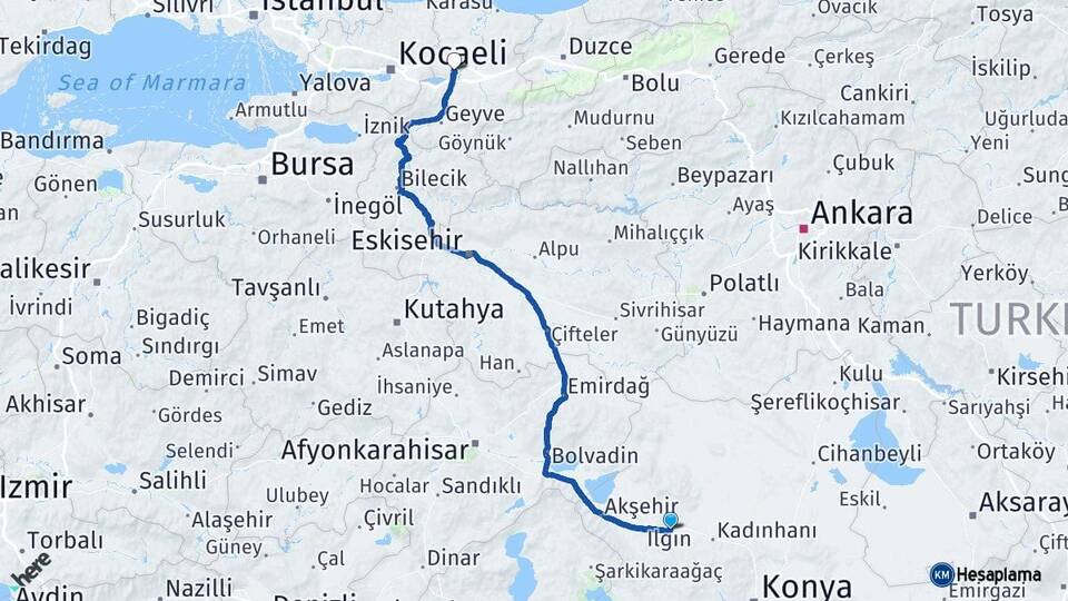 Konya Ilgın Sakarya Arası Kaç Km - Yol Haritası