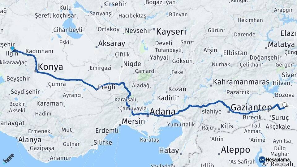 Konya Ilgın Şanlıurfa Arası Kaç Km - Yol Haritası