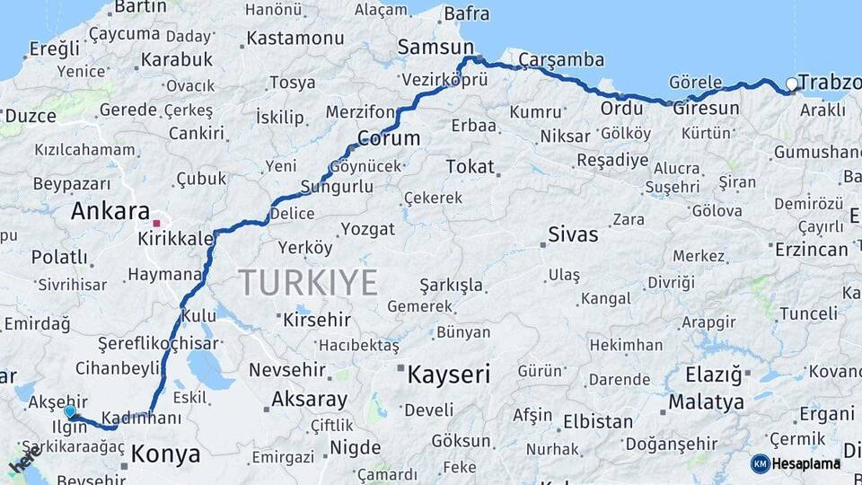 Konya Ilgın Trabzon Arası Kaç Km - Yol Haritası