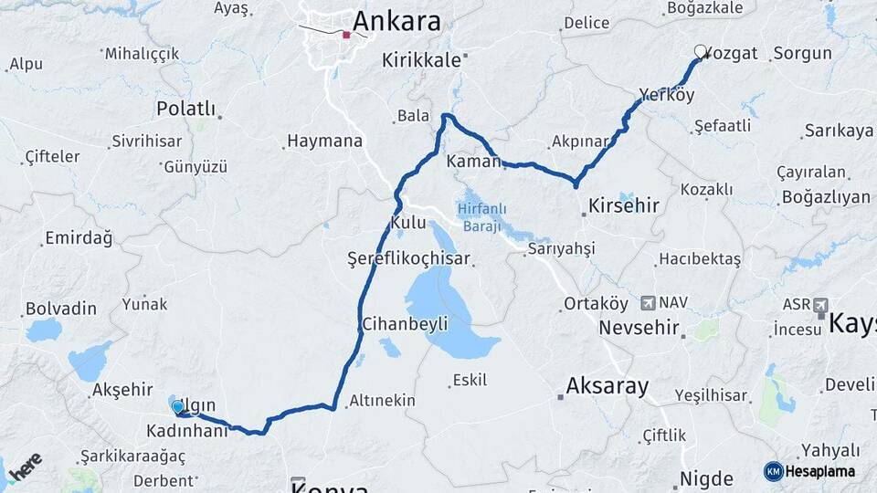 Konya Ilgın Yozgat Arası Kaç Km - Yol Haritası