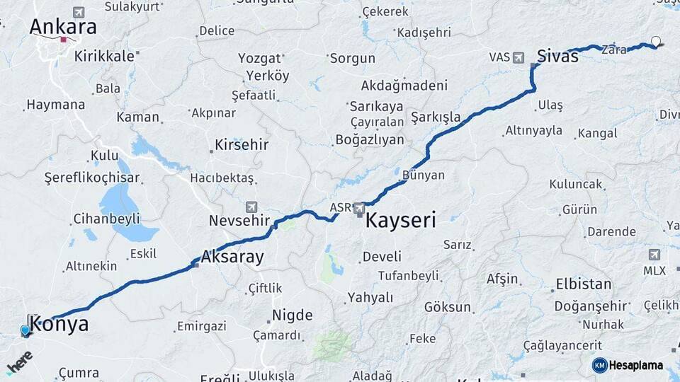 Konya İmranlı Sivas Arası Kaç Km - Yol Haritası