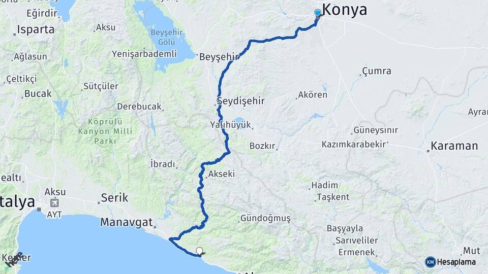 Konya İncekum Alanya Antalya Arası Kaç Km - Yol Haritası