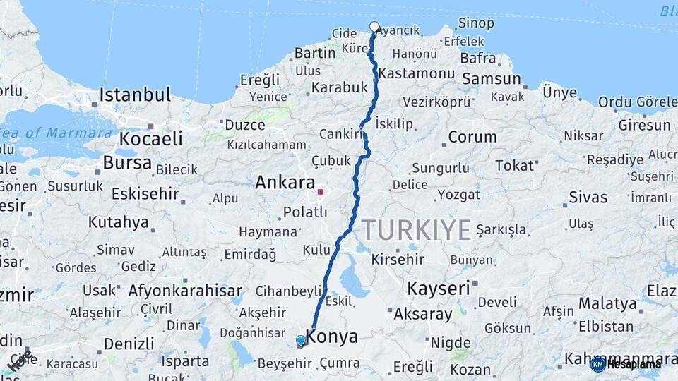 Konya İnebolu Kastamonu Arası Kaç Km - Yol Haritası