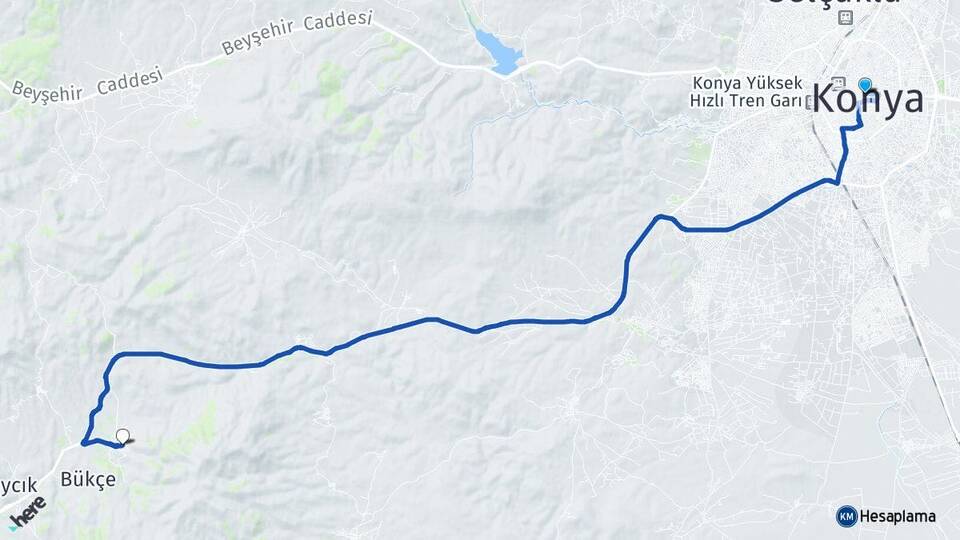 Konya İnlice Meram Arası Kaç Km - Yol Haritası
