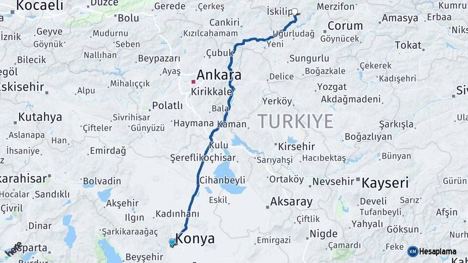Konya İskilip Çorum Arası Kaç Km - Yol Haritası