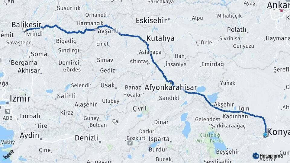 Konya İvrindi Balıkesir Arası Kaç Km - Yol Haritası
