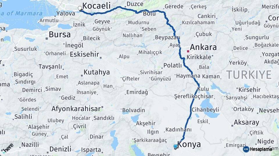 Konya İzmit Kocaeli Arası Kaç Km - Yol Haritası