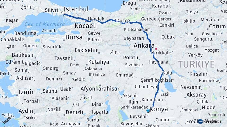Konya Kadıköy İstanbul Arası Kaç Km - Yol Haritası