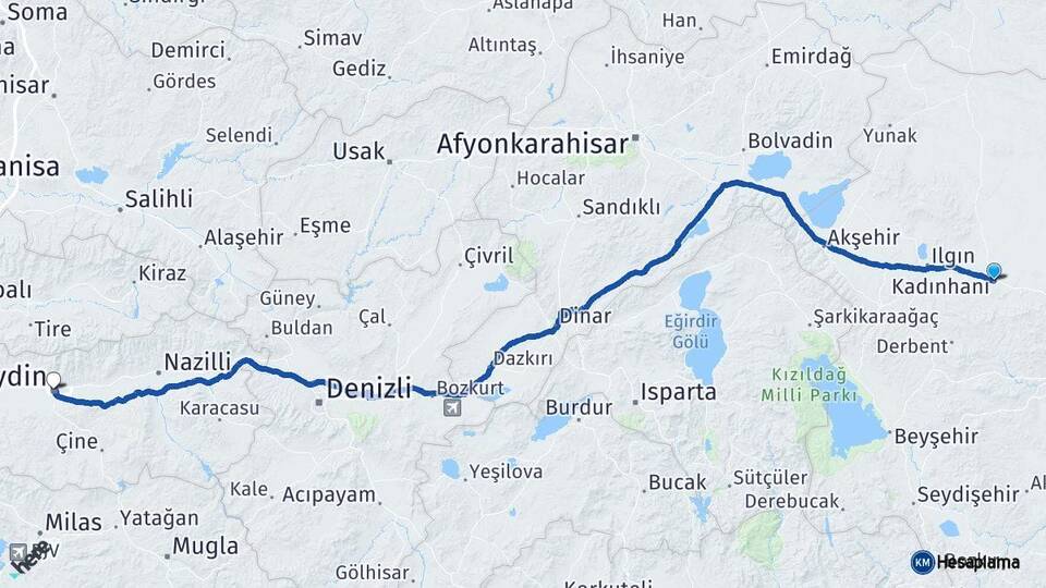 Konya Kadınhanı Aydın Arası Kaç Km - Yol Haritası