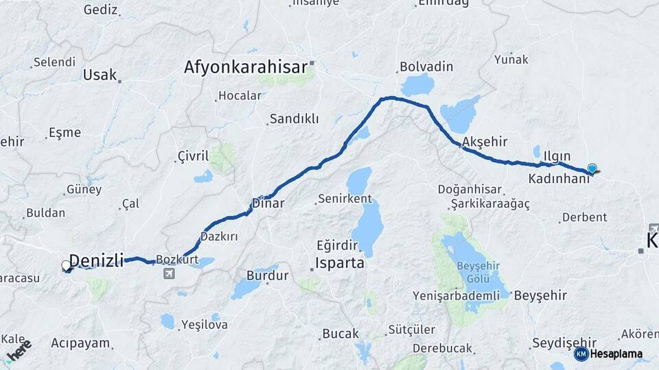 Konya Kadınhanı Denizli Arası Kaç Km - Yol Haritası