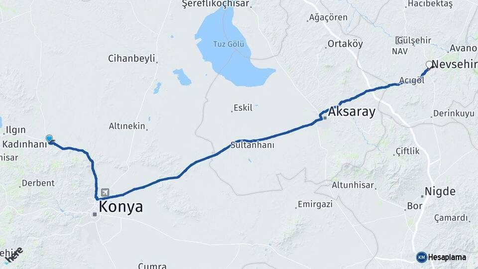 Konya Kadınhanı Nevşehir Arası Kaç Km - Yol Haritası