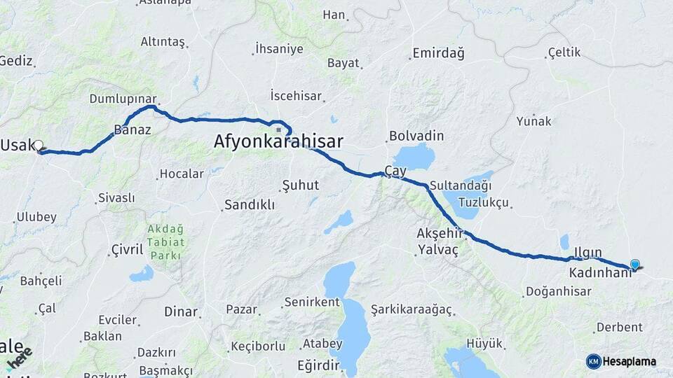 Konya Kadınhanı Uşak Arası Kaç Km - Yol Haritası