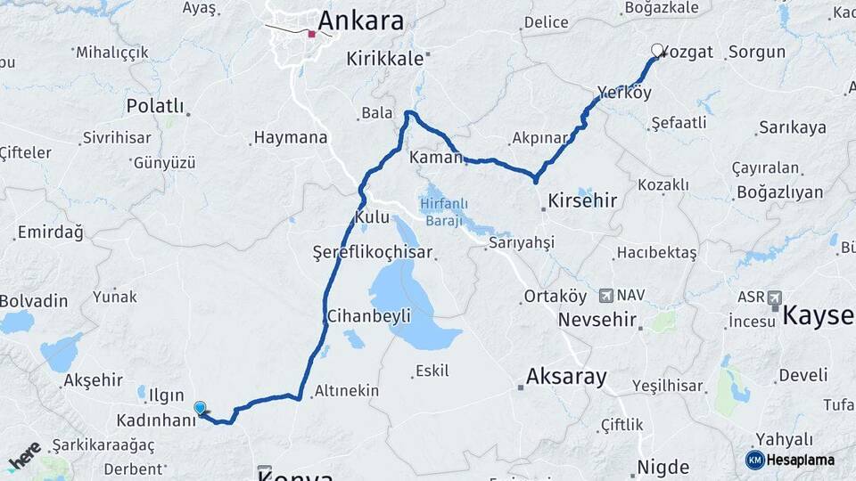 Konya Kadınhanı Yozgat Arası Kaç Km - Yol Haritası