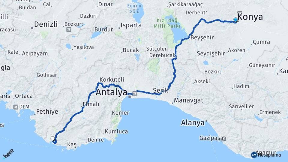 Konya Kalkan Kaş Antalya Arası Kaç Km - Yol Haritası