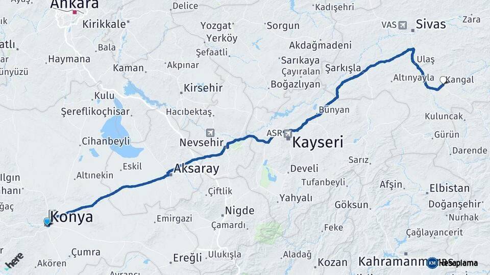 Konya Kangal Sivas Arası Kaç Km - Yol Haritası