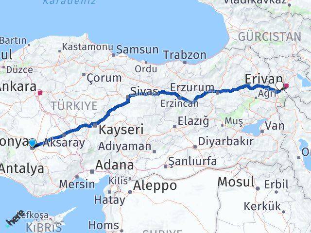 Konya Karakoyunlu Iğdır Arası Kaç Km - Yol Haritası