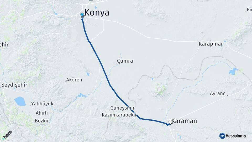 Konya Karaman Arası Kaç Km - Yol Haritası