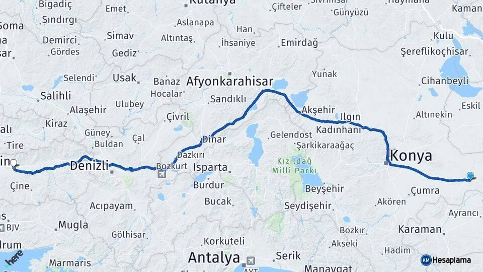 Konya Karapınar Aydın Arası Kaç Km - Yol Haritası