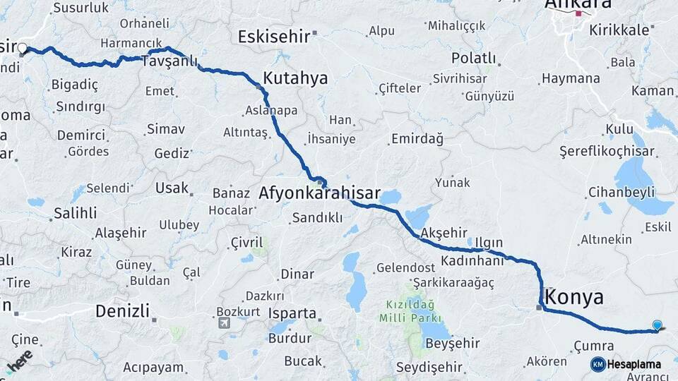 Konya Karapınar Balıkesir Arası Kaç Km - Yol Haritası