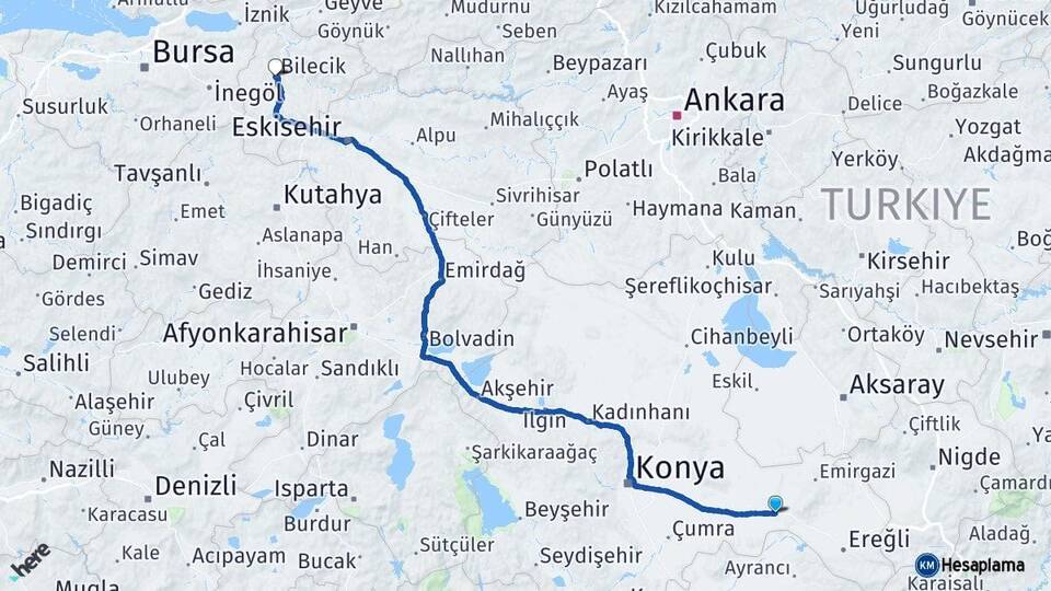 Konya Karapınar Bilecik Arası Kaç Km - Yol Haritası